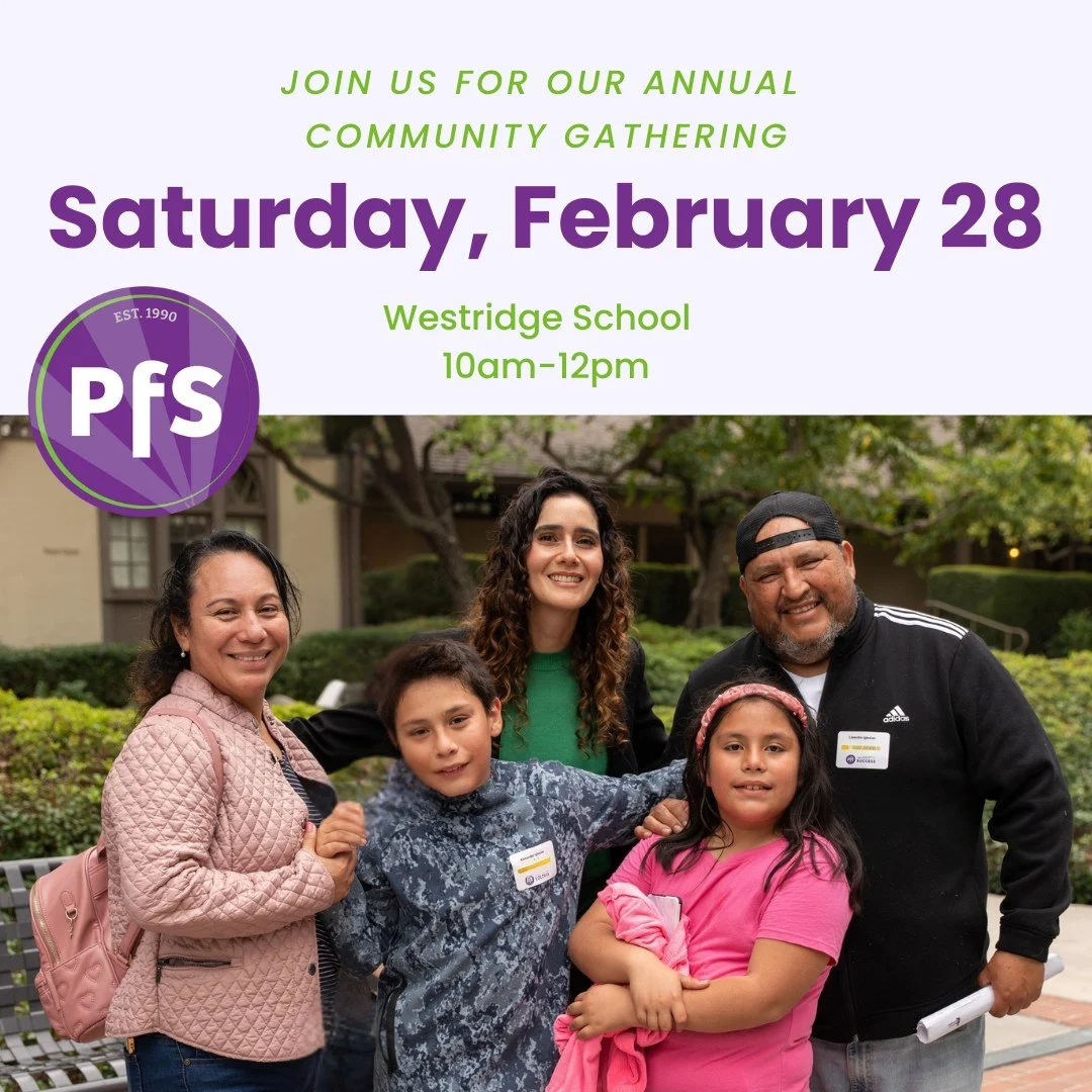 Join us for our Annual Community Gathering! 💜💚

We warmly invite you to join us on Saturday, February 28, from 10:00 AM&ndash;12:00 PM at Westridge School for a special morning of connection and celebration.

Come spend time with fellow PFS familie