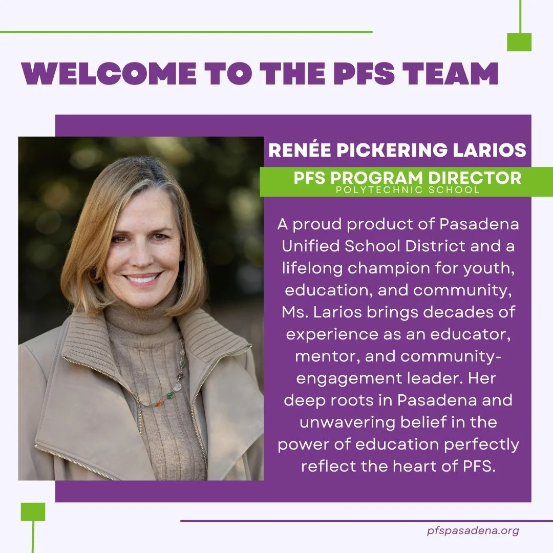 Big Welcome to Our PFS Family! ✨ Please join us in welcoming Ren&eacute;e Pickering Larios as the new PFS Program Director at the Polytechnic School site! 💜💚

We&rsquo;re excited for her leadership and look forward to the impact she&rsquo;ll make a