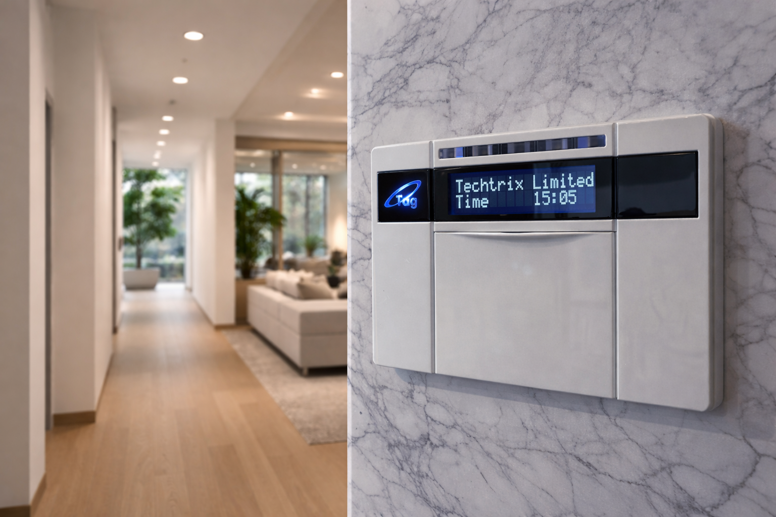 Intruder alarm keypad mounted on a marble wall, displaying 'Techtrix Limited Time 15:05' with a logo on the left side.