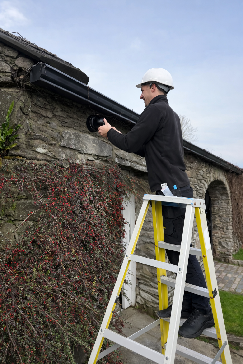 An engineer on a ladder carrying out maintenance on a building's CCTV system.