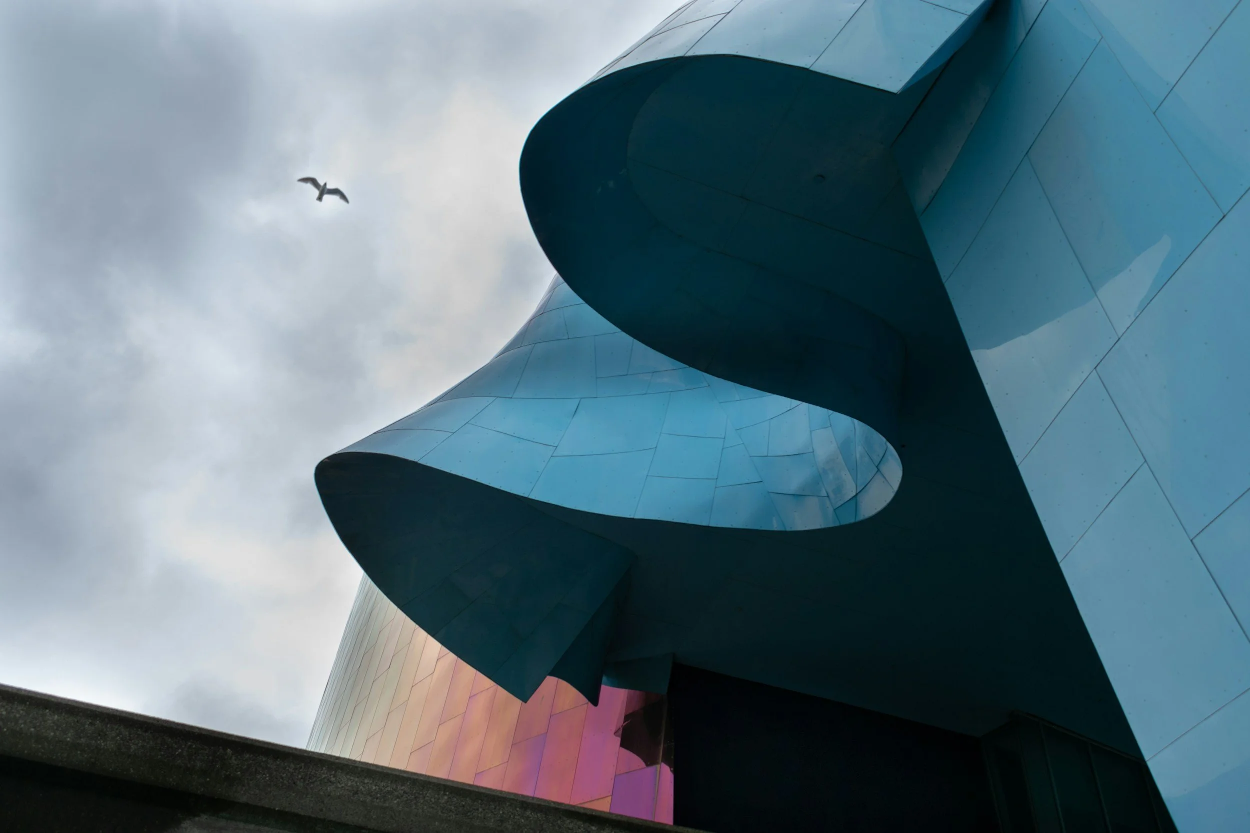 A close up of the MoPop museum (formerly the EMP) in Queen Anne, Seattle WA.