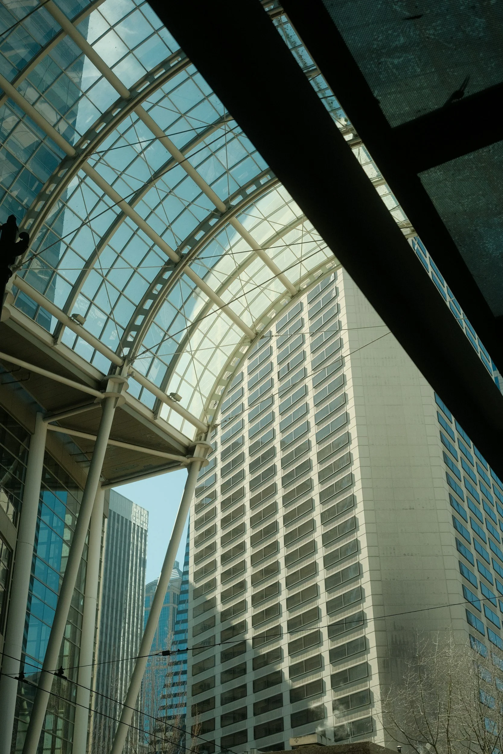 A view out the windows of the union station transit stop in downtown Seattle, WA.