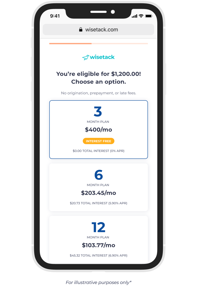 Mobile phone screen displaying a website offering loan repayment options with plans for 3, 6, and 12 months, showing corresponding monthly payments, total interest, and interest rates.