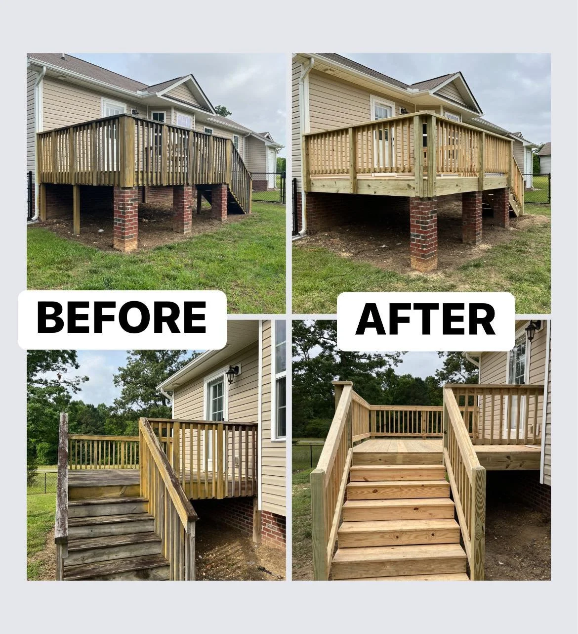 Comparison of a house deck before and after renovation, showing the deck's structure and stairs from different angles.