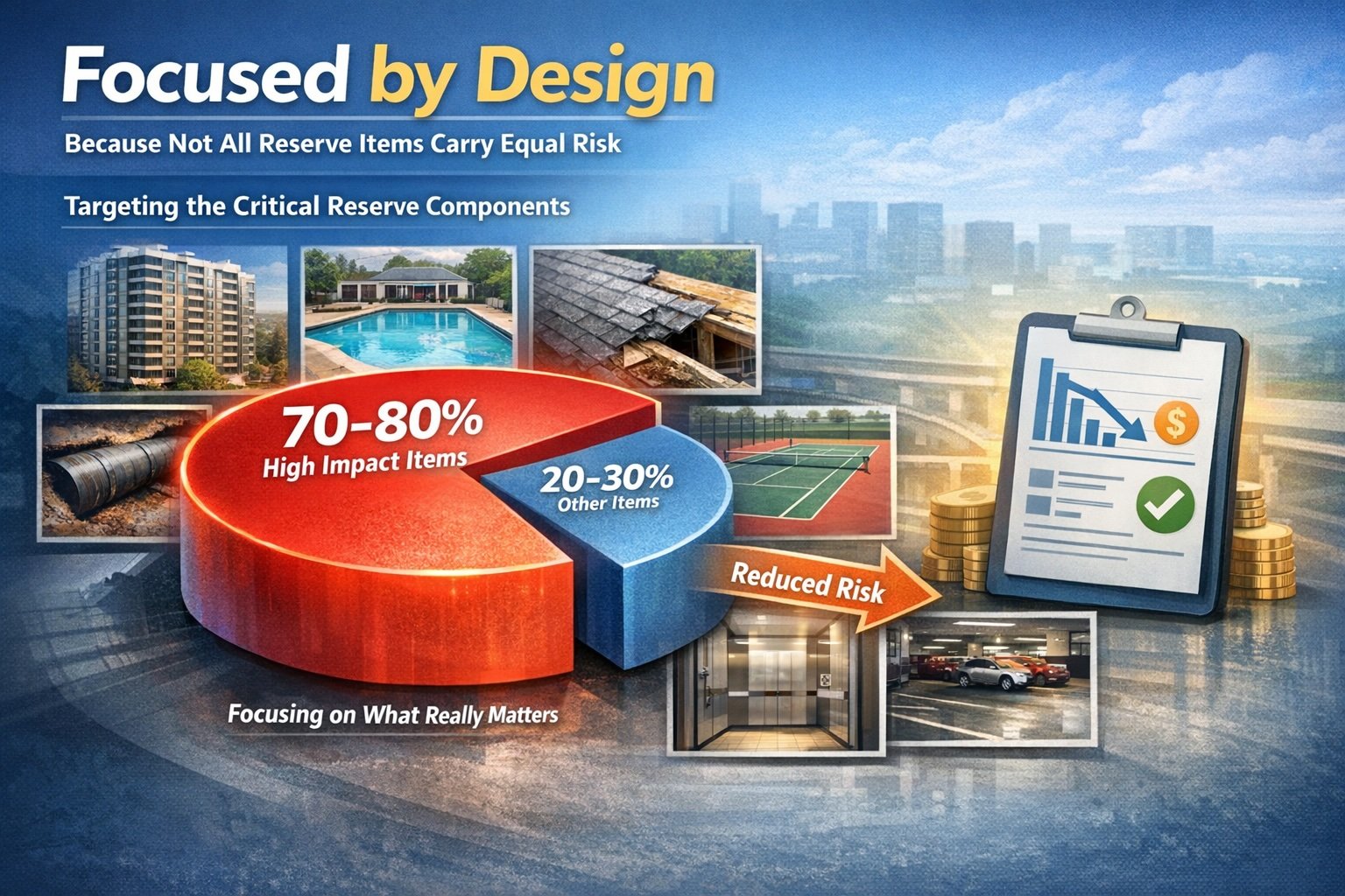 Pie chart showing 70-80% high impact items and 20-30% other items, with images of buildings, a pool, roofing, tennis courts, and parking garage. Text emphasizes focusing on critical reserve components to reduce risk.