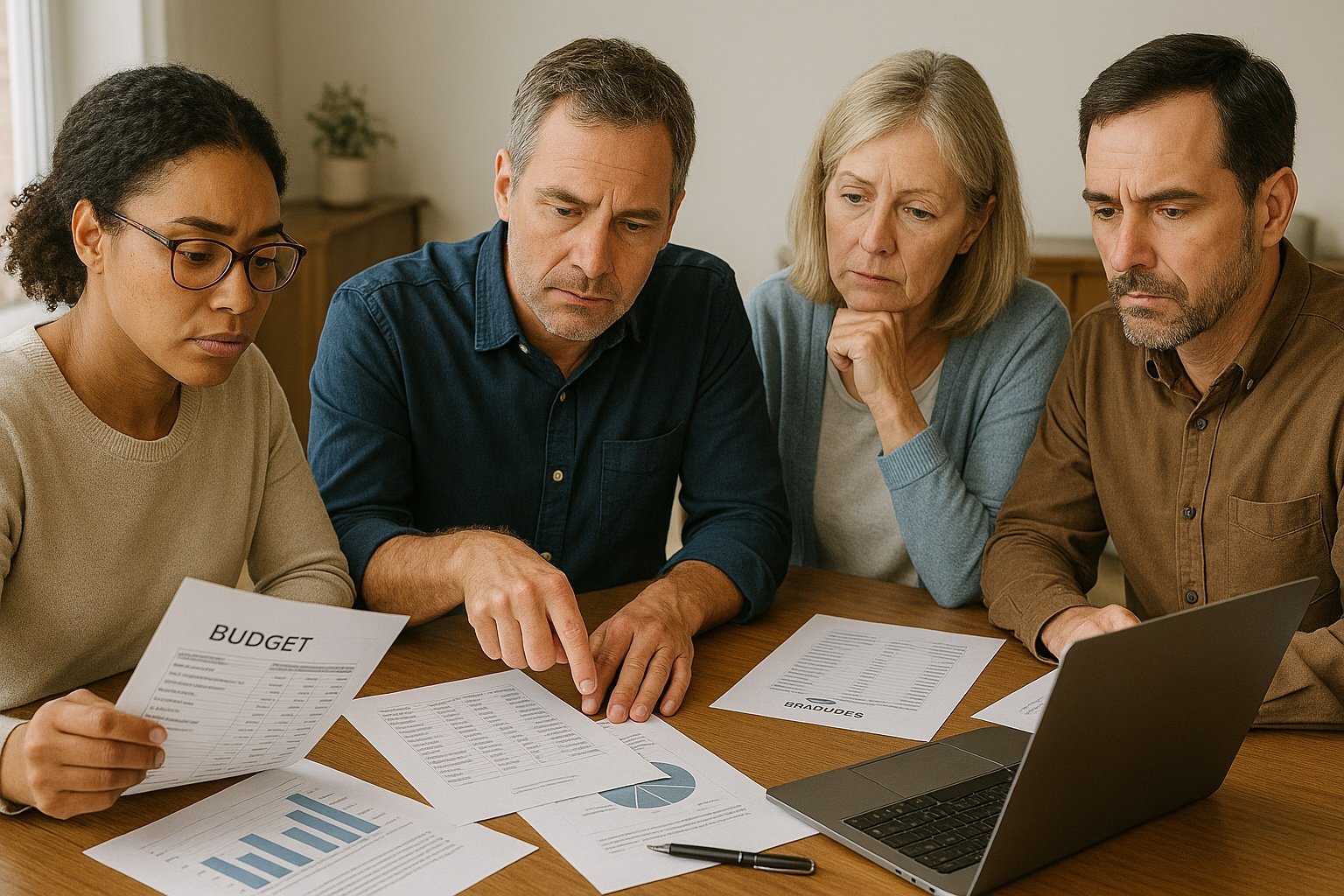 Four people reviewing financial documents and a laptop at a meeting.