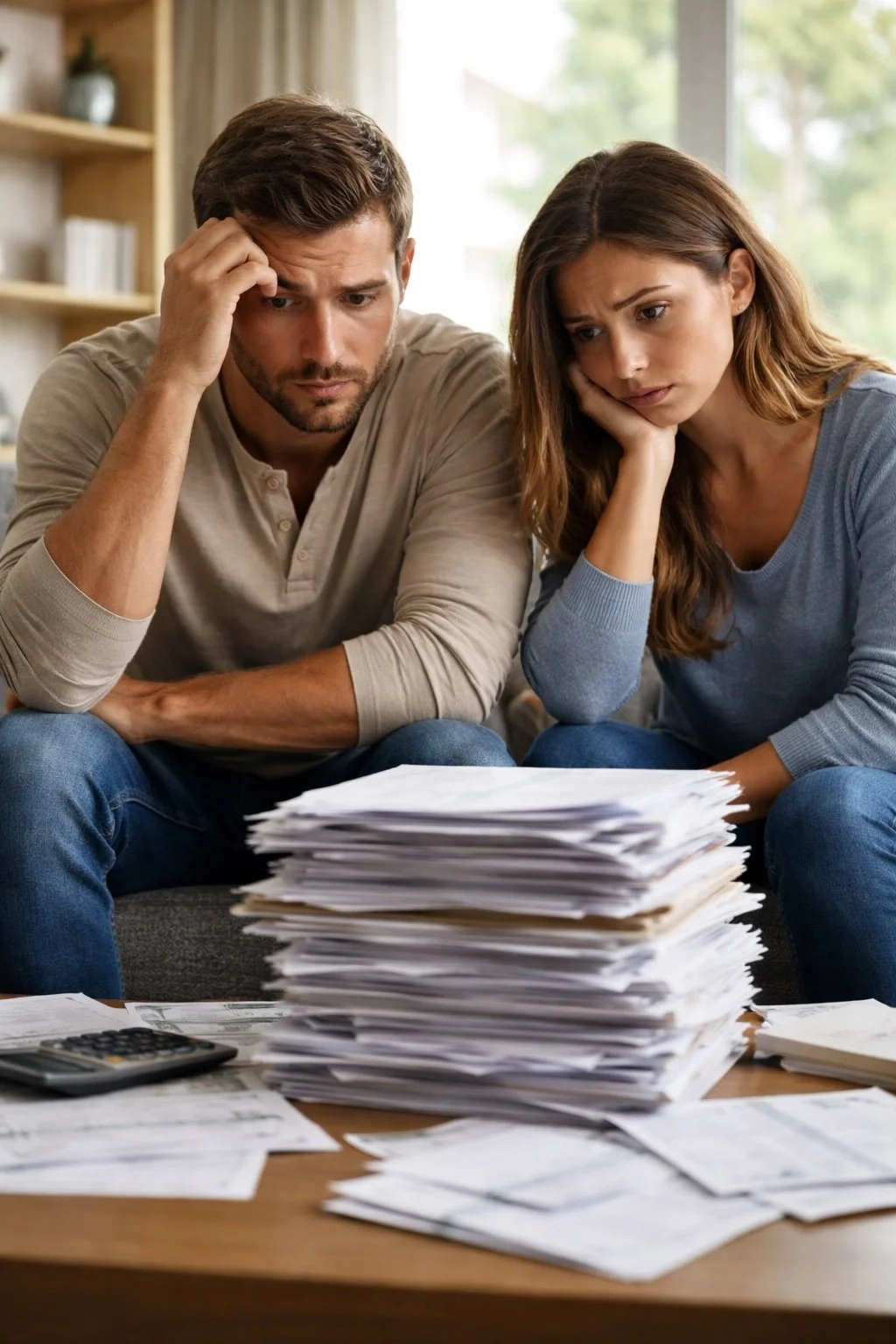 Couple on couch looking at a large stack of papers.jpg