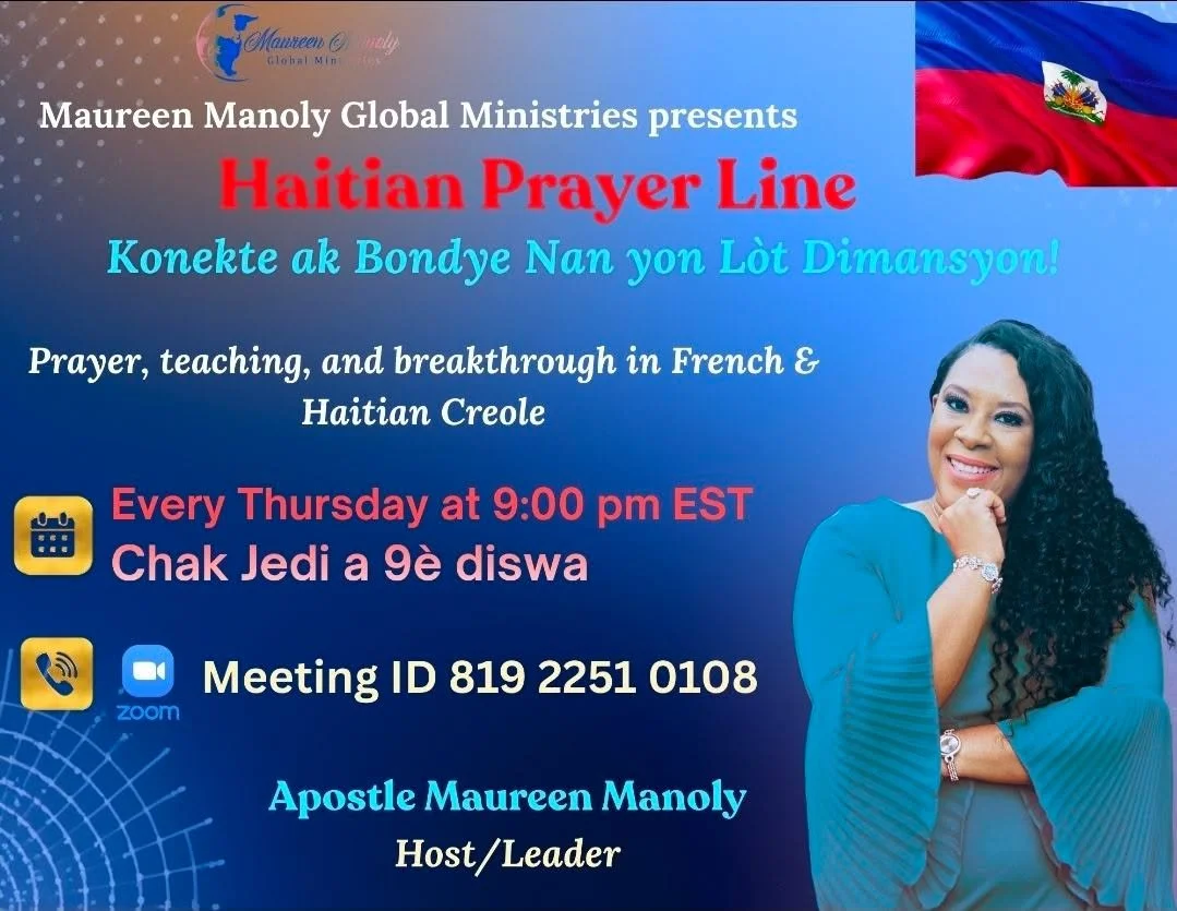 Join us tonight at 9:00 pm EST for prayer in Haitian Creole and French!! Nap lapriy&egrave; asw&egrave;-a. See you soon! 🙏🏽🇭🇹🗝🔑🗝🔥

Maureen Manoly 

#haitianprayerline #konekteakBondye #sentone #madeinHaiti #flowwithMau