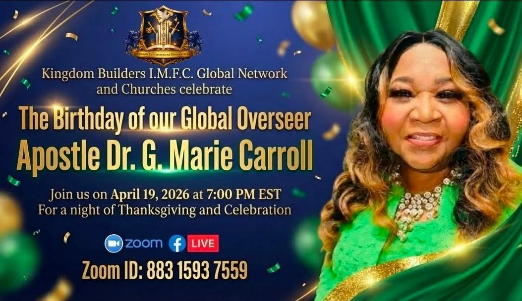 We are celebrating our Beloved Global Overseer and Senior Pastor Apostle G Marie Carroll tomorrow Sunday, April 19th at 7:30 pm EST via Zoom. She is worthy of doybke honor!! Apostle G celebrates her birthday, 58 years of combined ministry, 20 years a