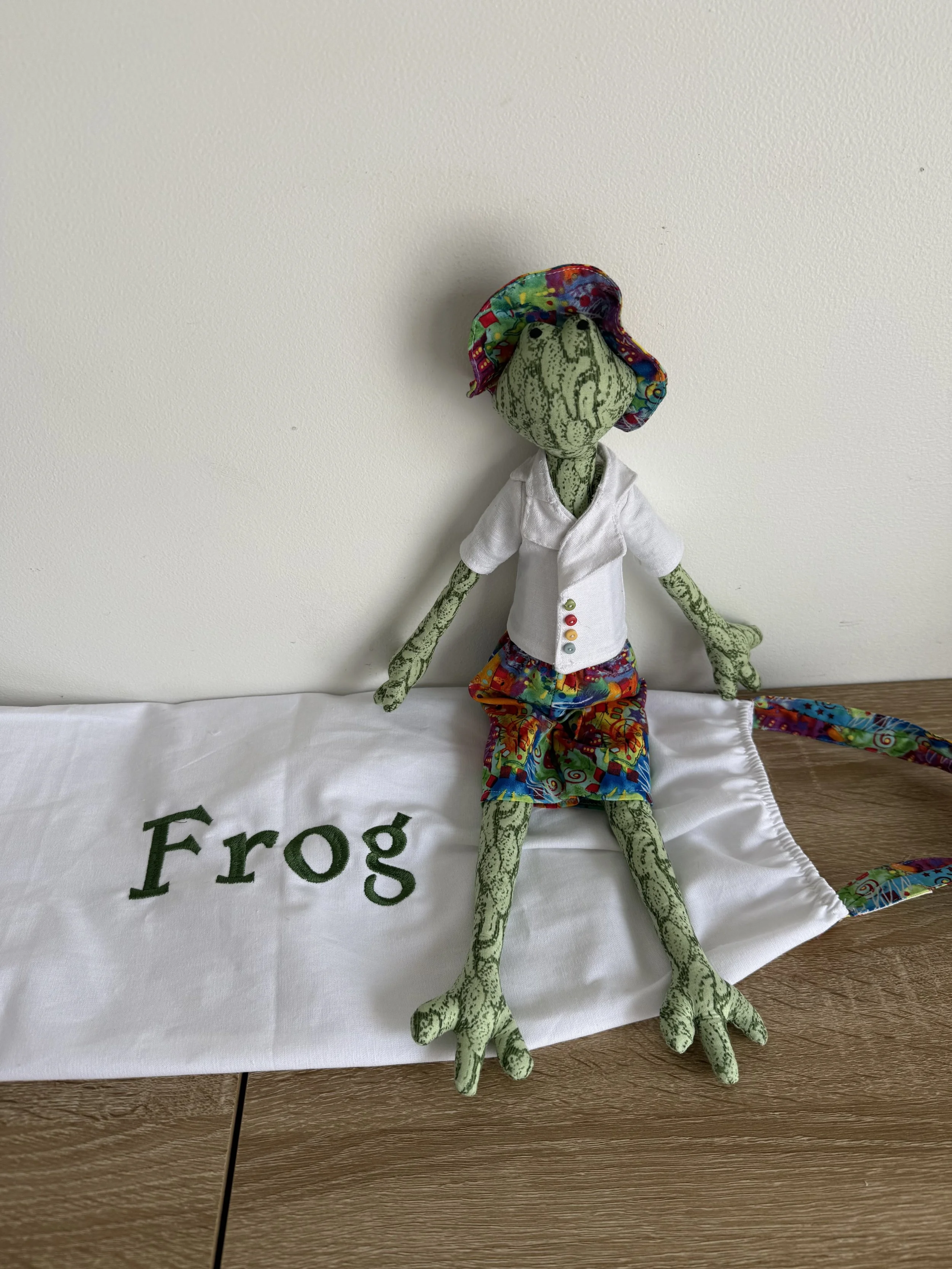 Handmade stuffed Frog ready for Vacation