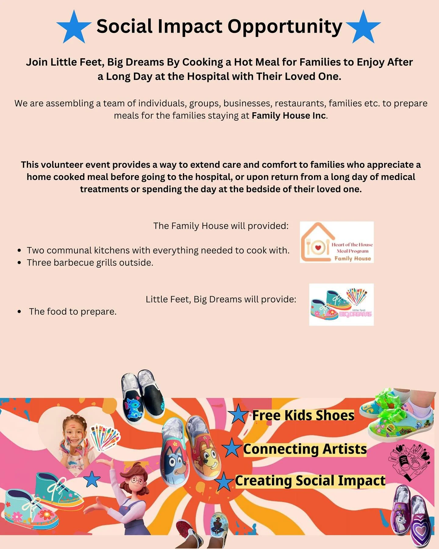 We are assembling a team of individuals, groups, businesses, restaurants, families etc. to prepare meals for the families staying at Family House Inc.

This volunteer event provides a way to extend care and comfort to families who appreciate a home c