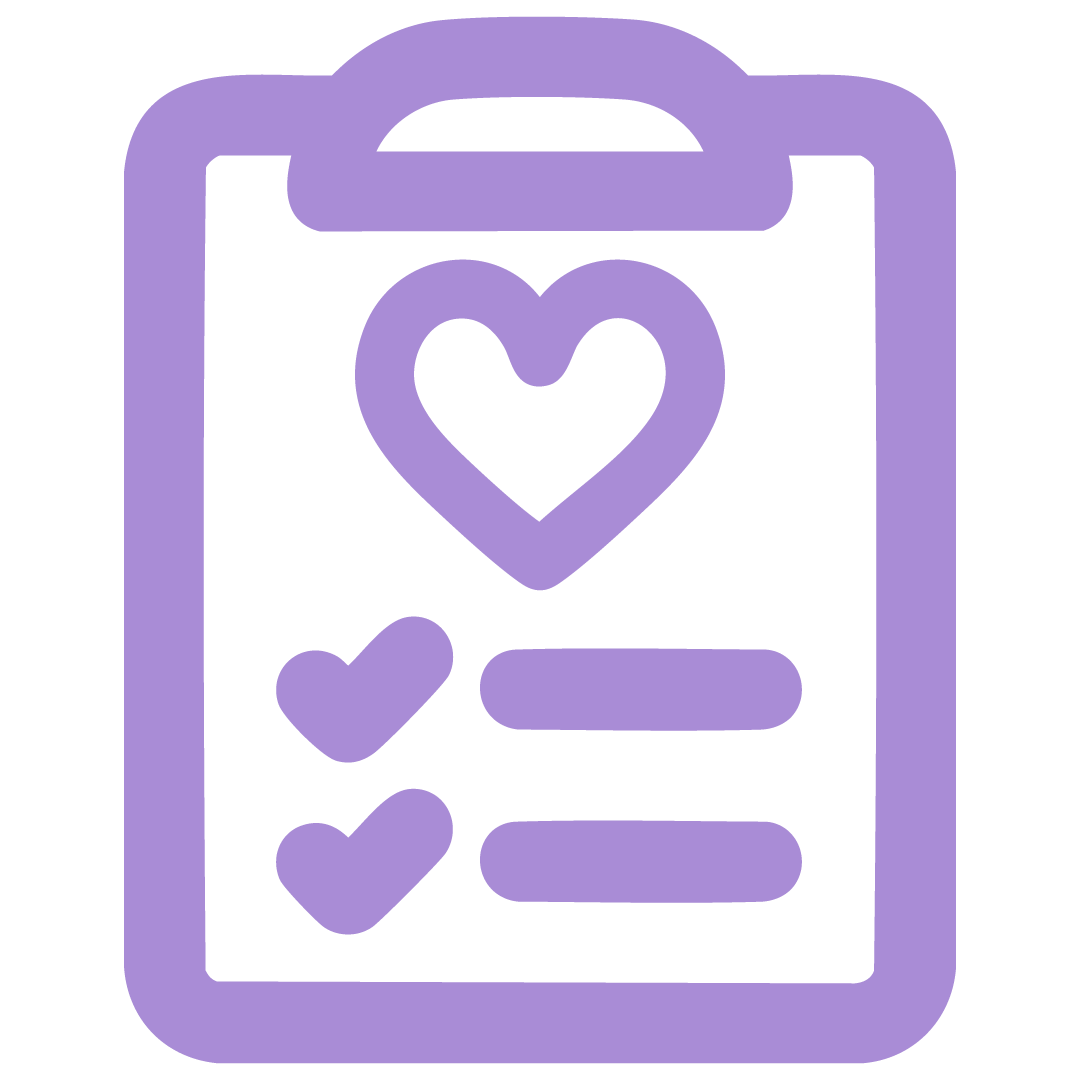 Purple icon of a clipboard with hearts and checkmarks, representing a health or love-related checklist.
