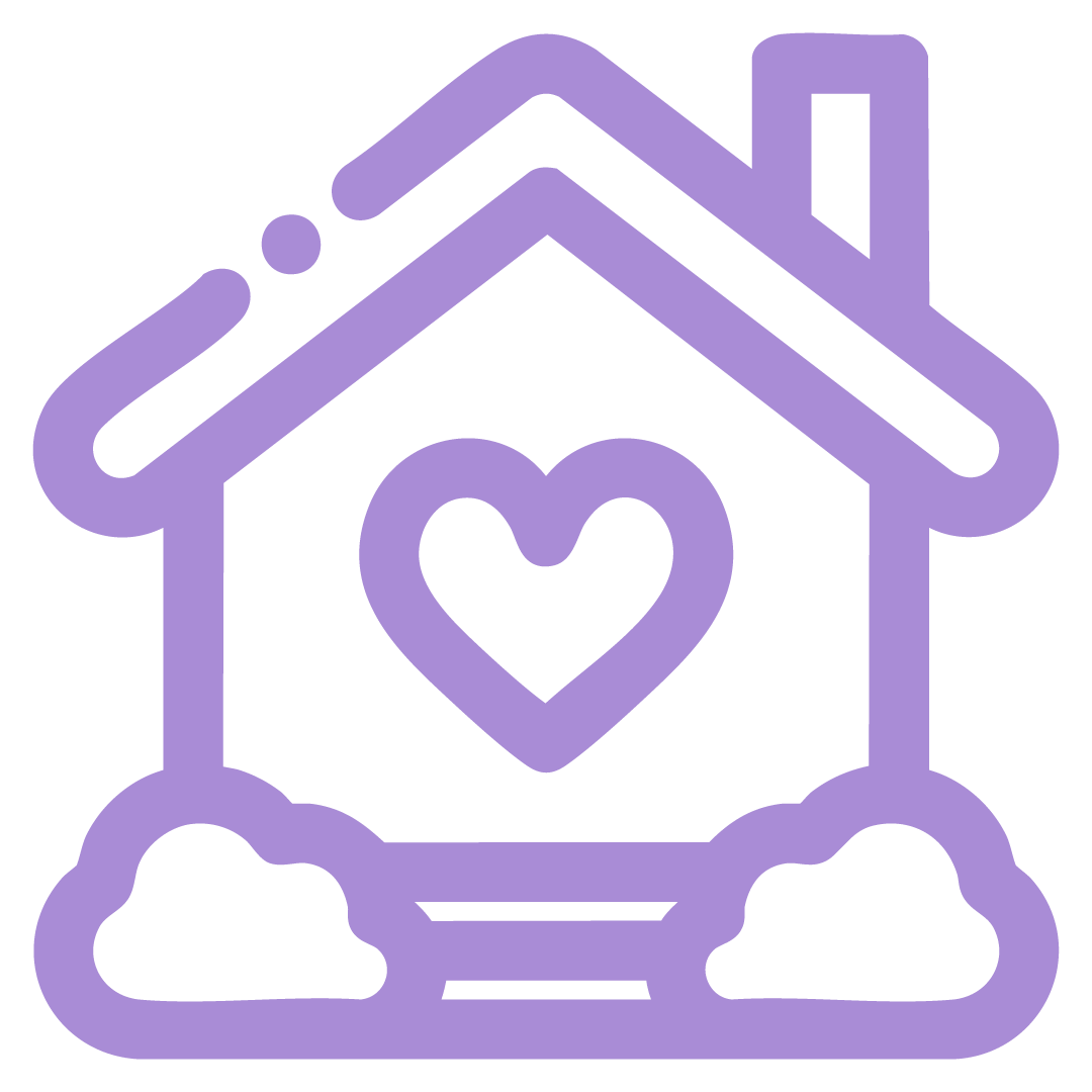 Outline drawing of a house with a heart inside, clouds underneath, in purple color.