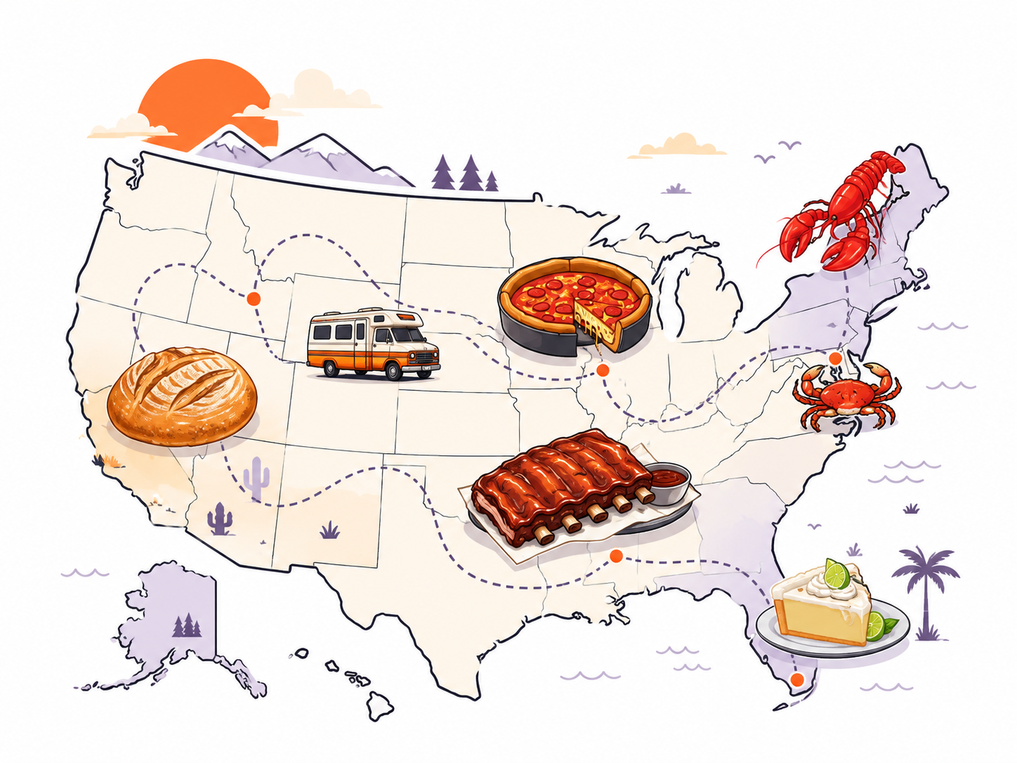 Map of the United States with images representing food items associated with different regions: a loaf of bread in the West, a pizza in the Midwest, barbecue ribs in the South, lobster and lobster claws in the Northeast, and a slice of key lime pie in the Southeast. A camper van trails a dotted line across the country, indicating a journey.