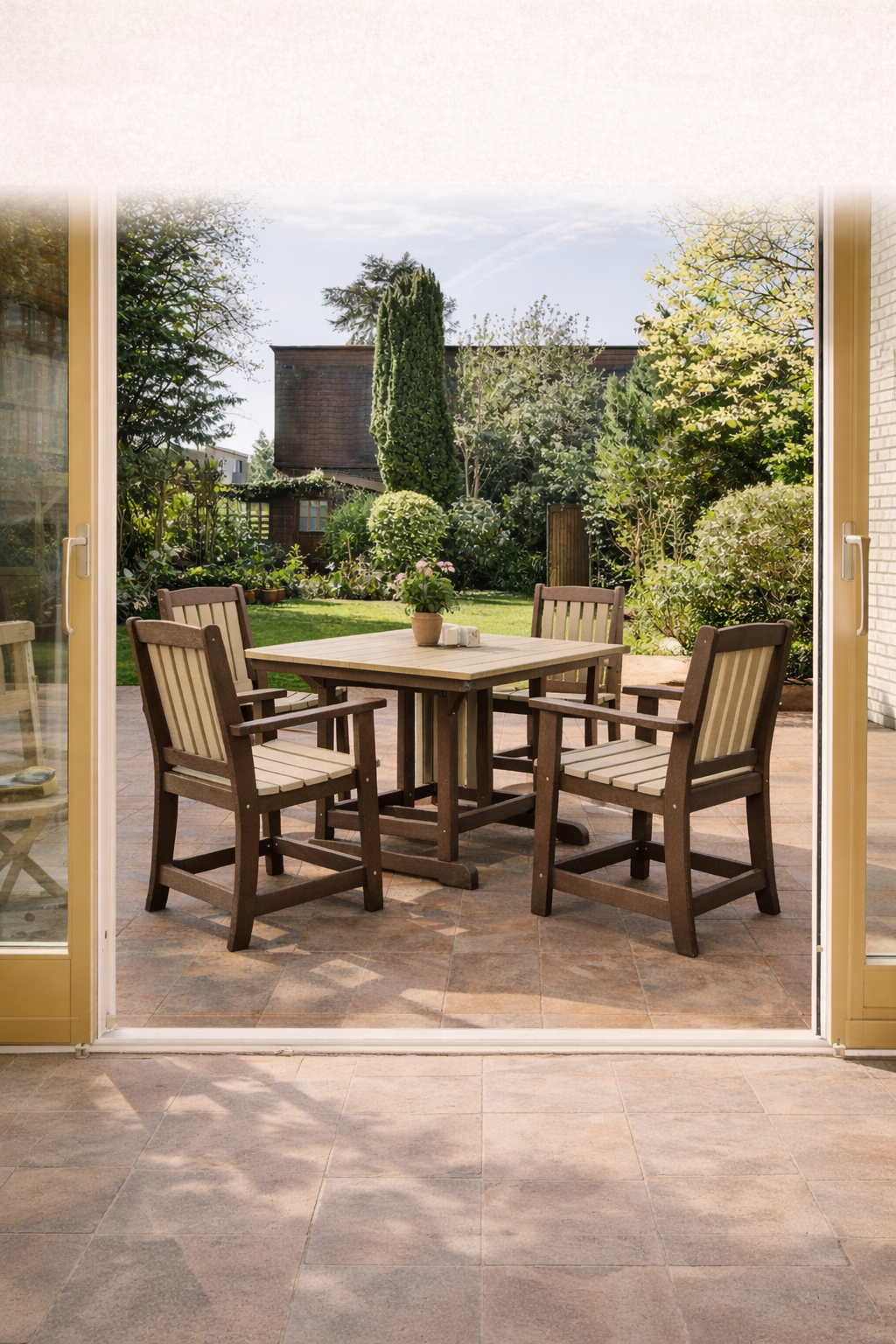View of an outdoor patio with a wooden table and four matching chairs, opening to a lush green garden with trees and shrubs, under a partly cloudy sky.