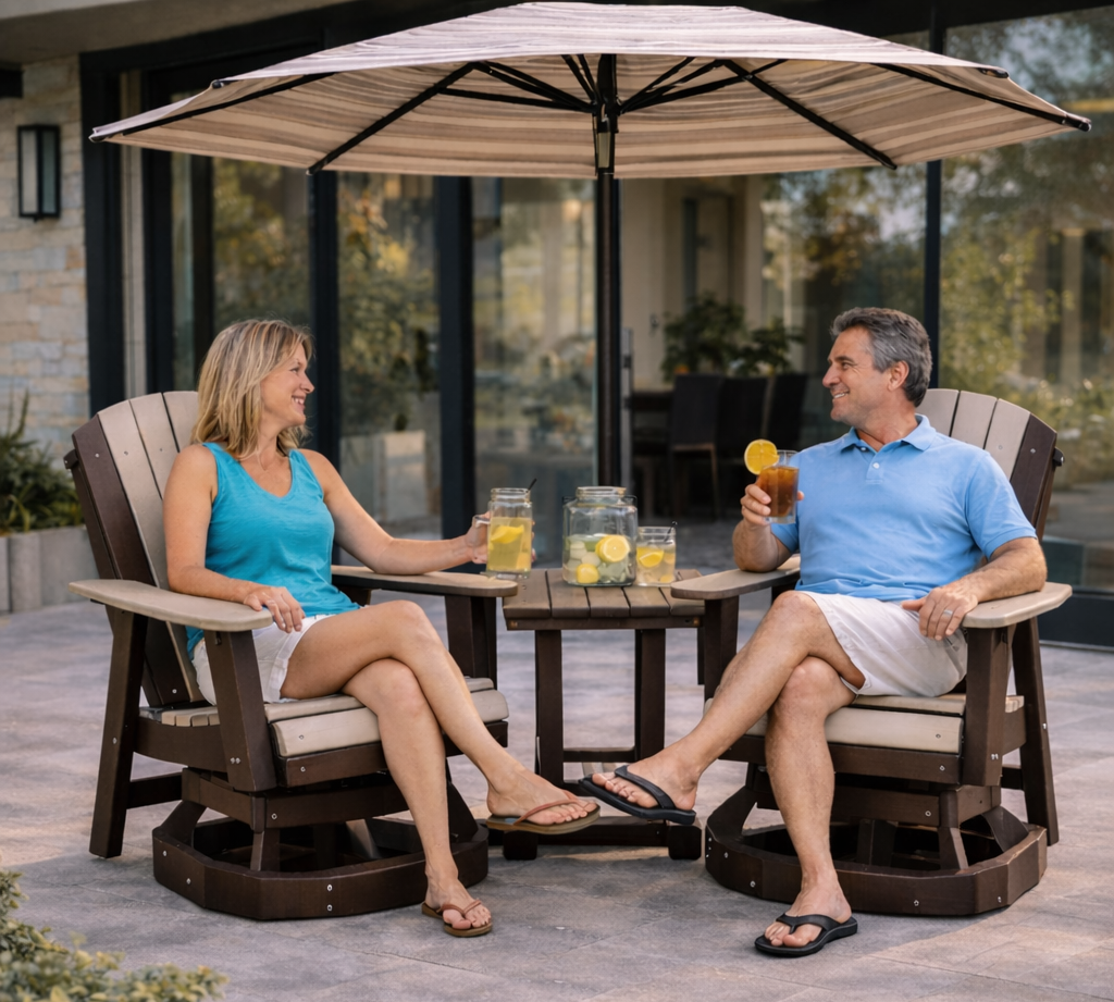 A man and woman sitting outside at a table with a large umbrella, enjoying drinks, and smiling at each other.