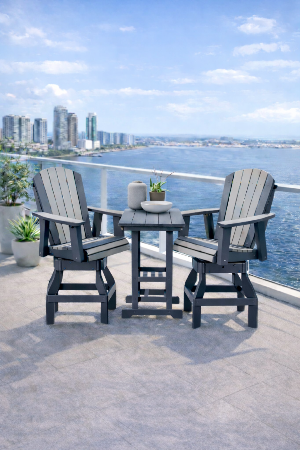 The Skyline Collection

Adirondack Bar Chair Swivel | $865
33’’ Square Bar Height Table | $775

Shown in Pale Aspen and Patriot Blue

*Cushion optional

*Umbrella not included