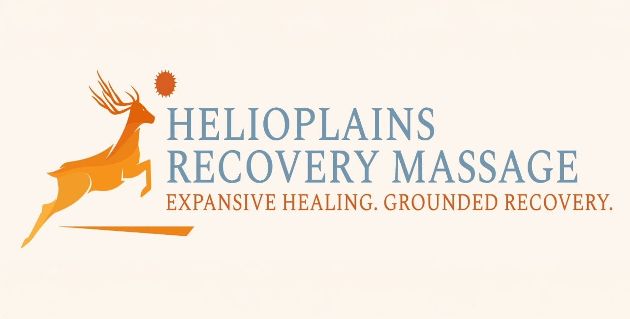 Logo for Helioplains Recovery Massage featuring a leaping deer and a sun with the text 'Helioplains Recovery Massage' and the tagline 'Expansive Healing. Grounded Recovery.'