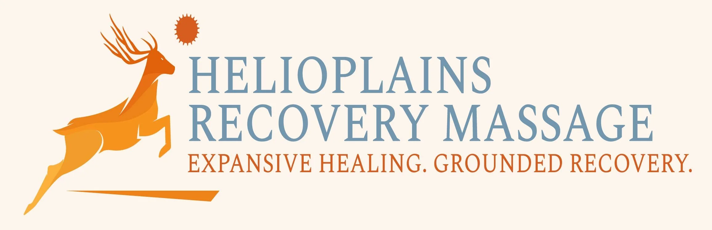 Logo for Helioplains Recovery Massage, featuring a stylized reindeer and sun with the text 'Helioplains Recovery Massage' and the slogan 'Expansive Healing, Grounded Recovery'.