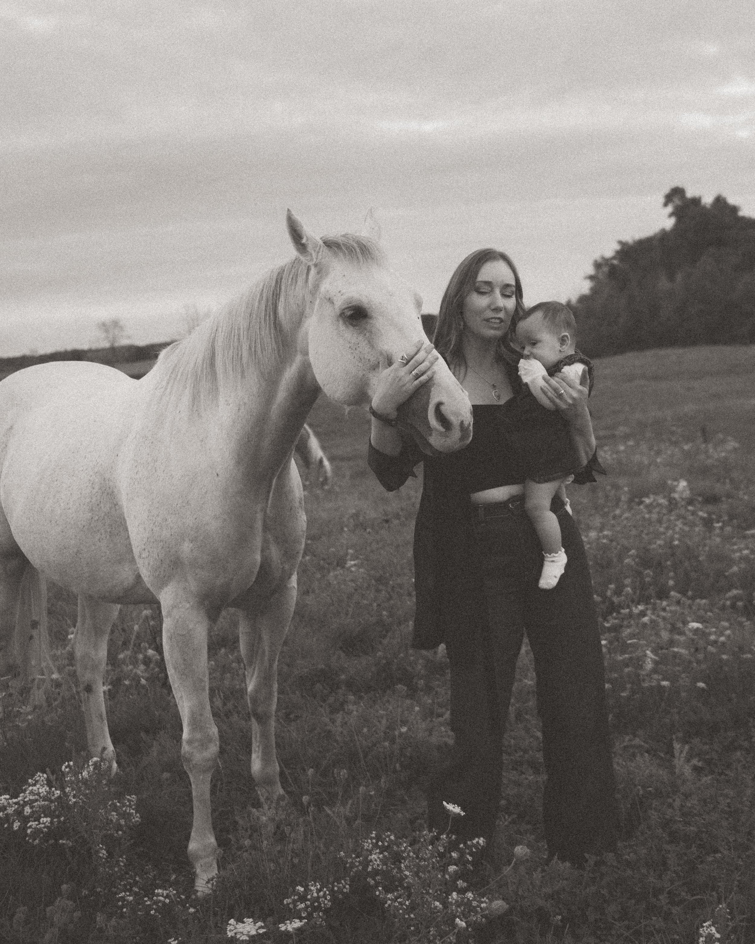 Outdoor portrait of a mom holding her child and gently holding a horse’s face in an open field, capturing a tender, connected moment during the day