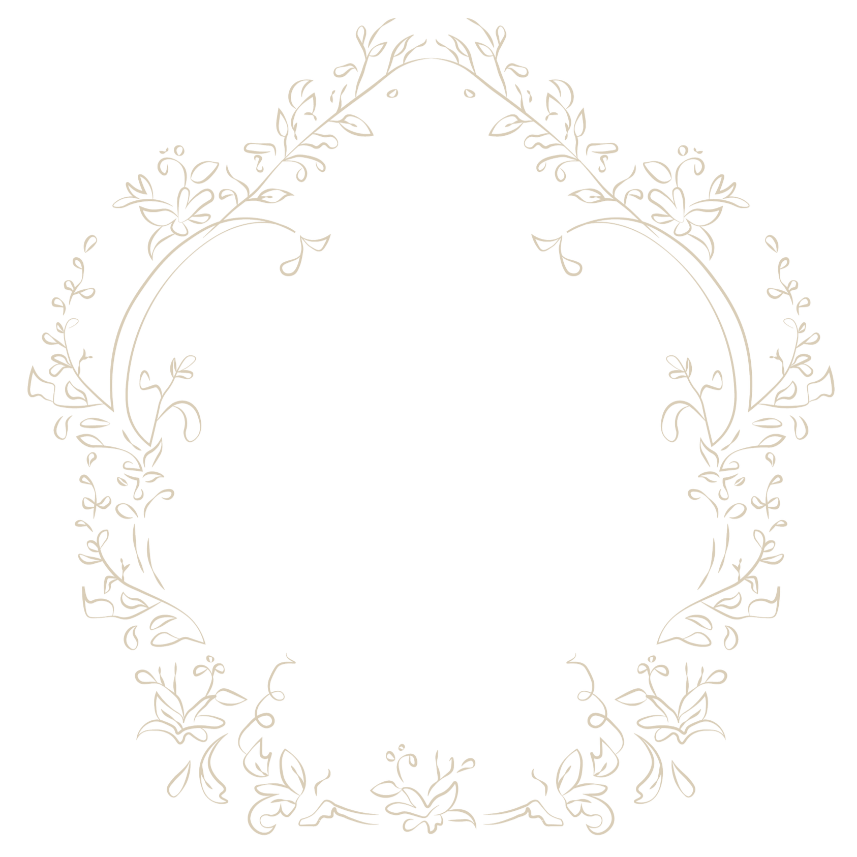 Decorative floral oval frame with intricate white line design on a black background.