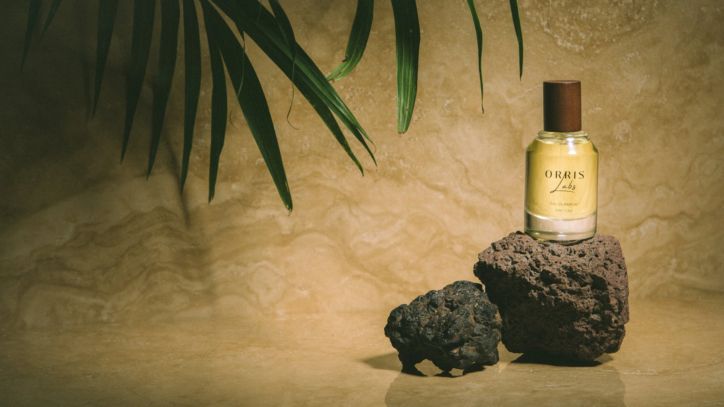 A bottle of oil-based perfume labeled 'Orris Labs' placed on rocks against a beige marble background with green plant leaves hanging overhead.