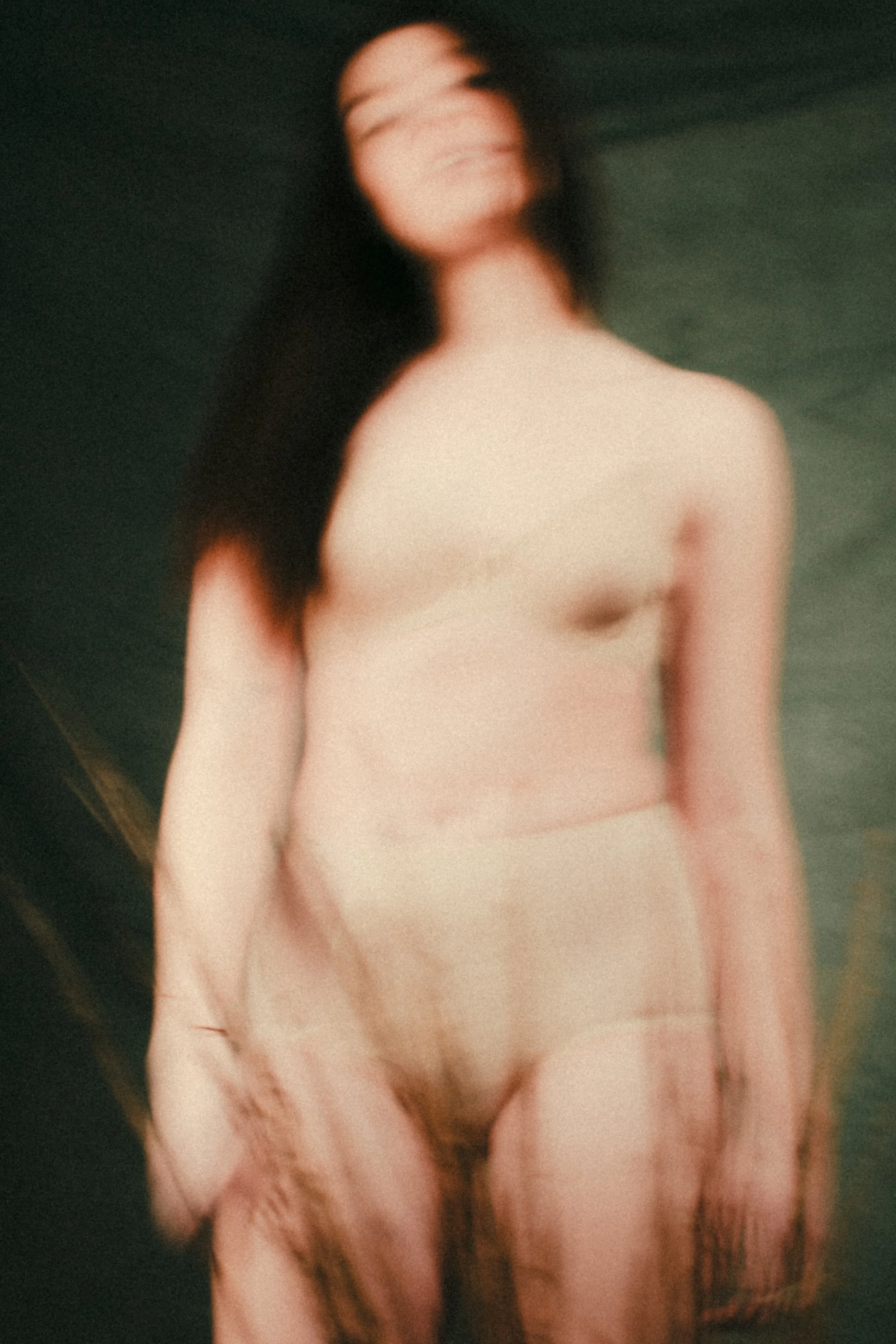 A blurred, artistic photograph of a woman with long dark hair standing topless against a dark green background, wearing beige underwear.