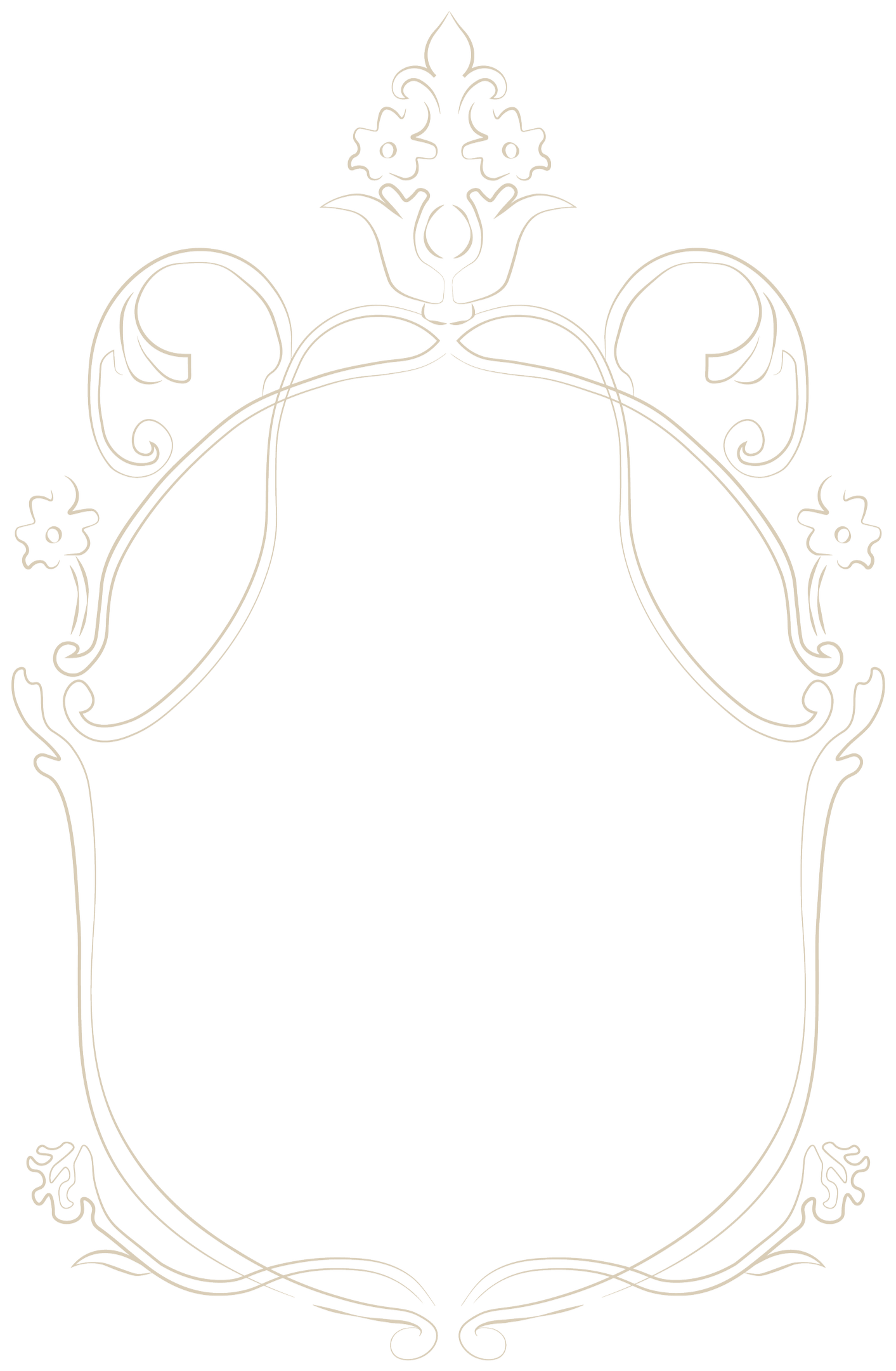 Ornate white decorative frame on a black background, featuring floral and scroll motifs.