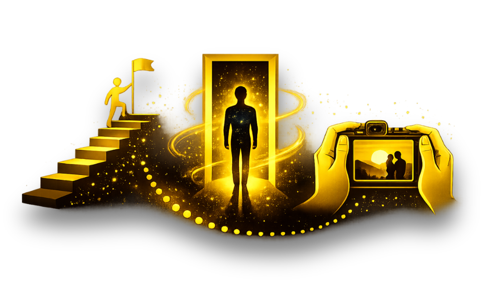 Silhouette of a person walking through a glowing doorway, surrounded by golden swirling lights. On the left, a figure climbing stairs holding a flag, and on the right, a hand holding a camera capturing a sunset scene with two people.