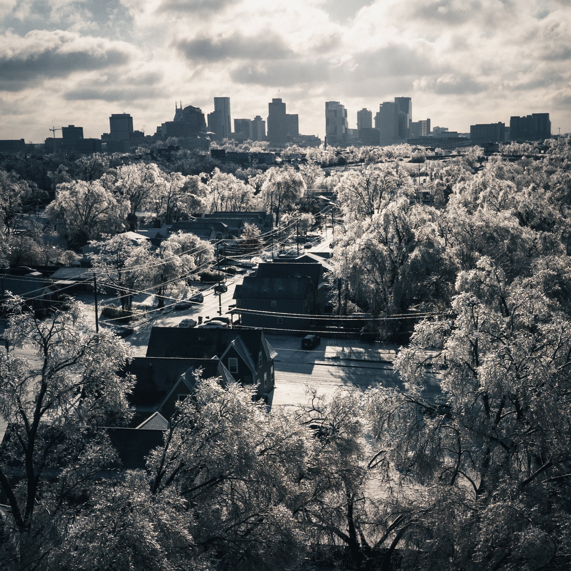 Nashville skyline snow-covered trees and houses
