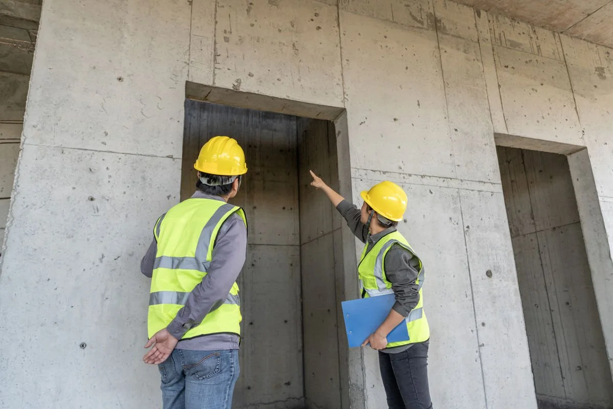Two construction workers wearing yellow hard hats and reflective vests inspecting an elevator under construction. One worker points towards the structure while the other observes.