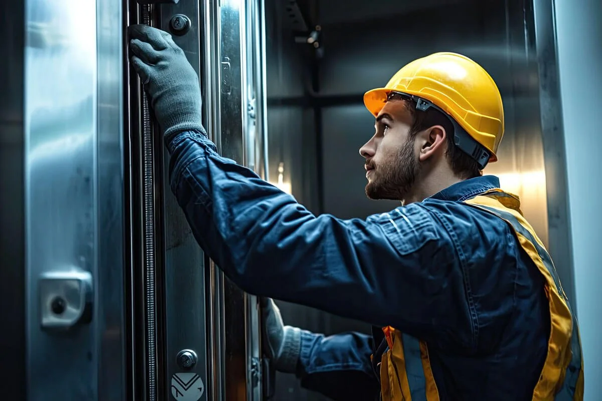 a technician performing routine maintenance elevator wearing yellow hard hat gloves focused ensuring safety functionality