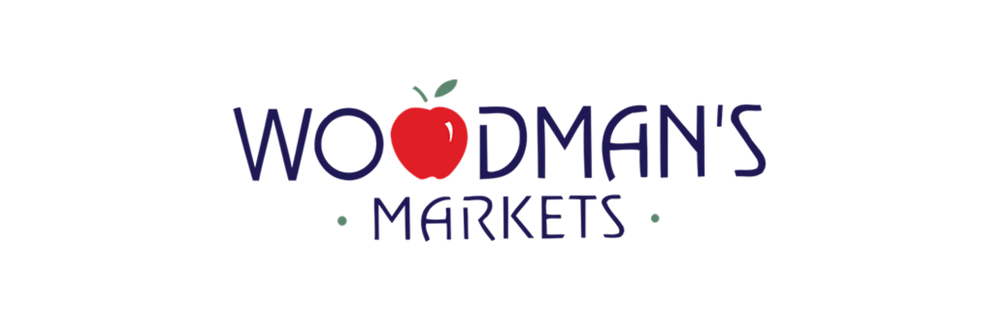 Woodman's Market logo with blue text and a red apple for an "O"