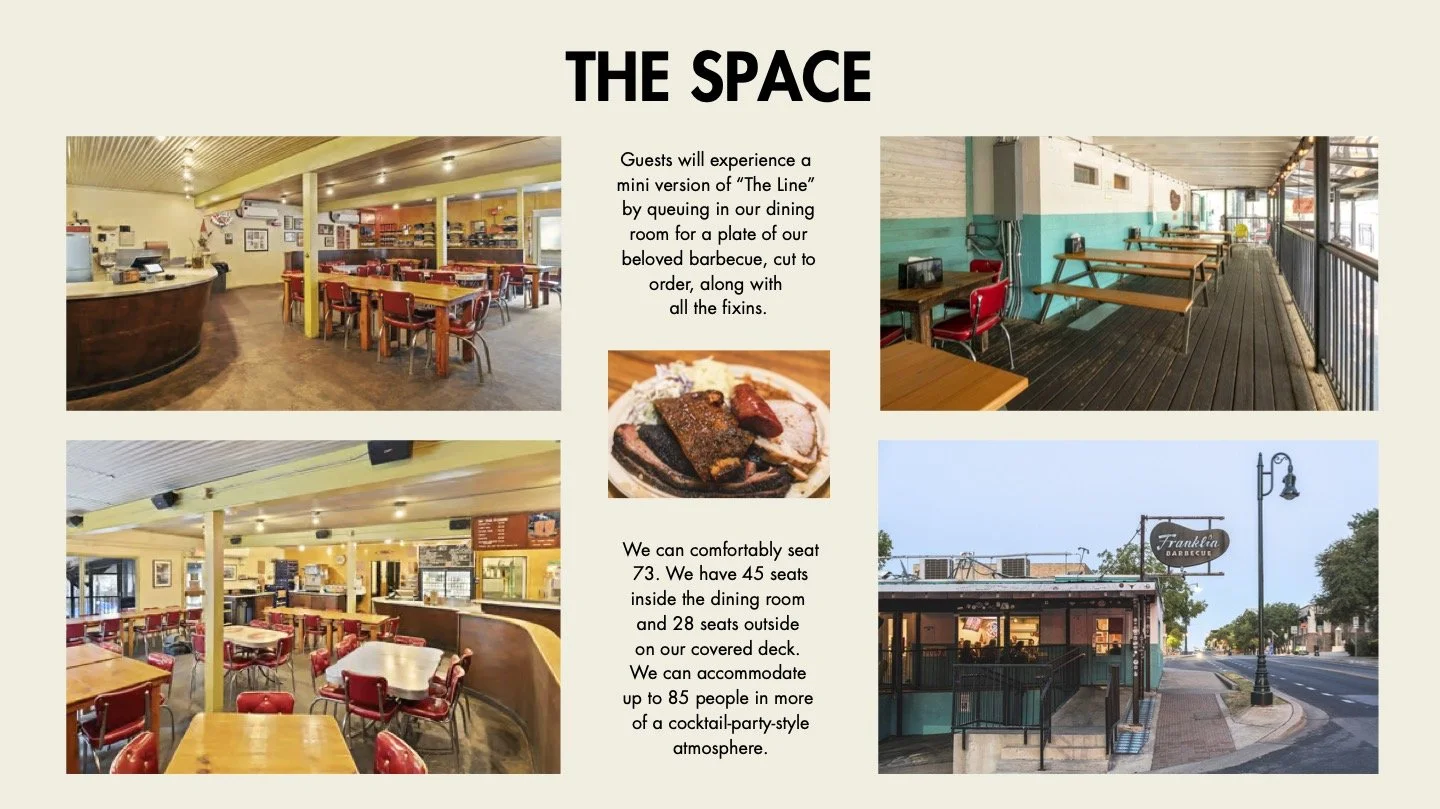 The Space. Empty dining room of Franklin Barbecue from 2 different angles,. Empty Patio. Building of Franklin Barbecue, with an event party happening on the inside. Plate of barbecue.