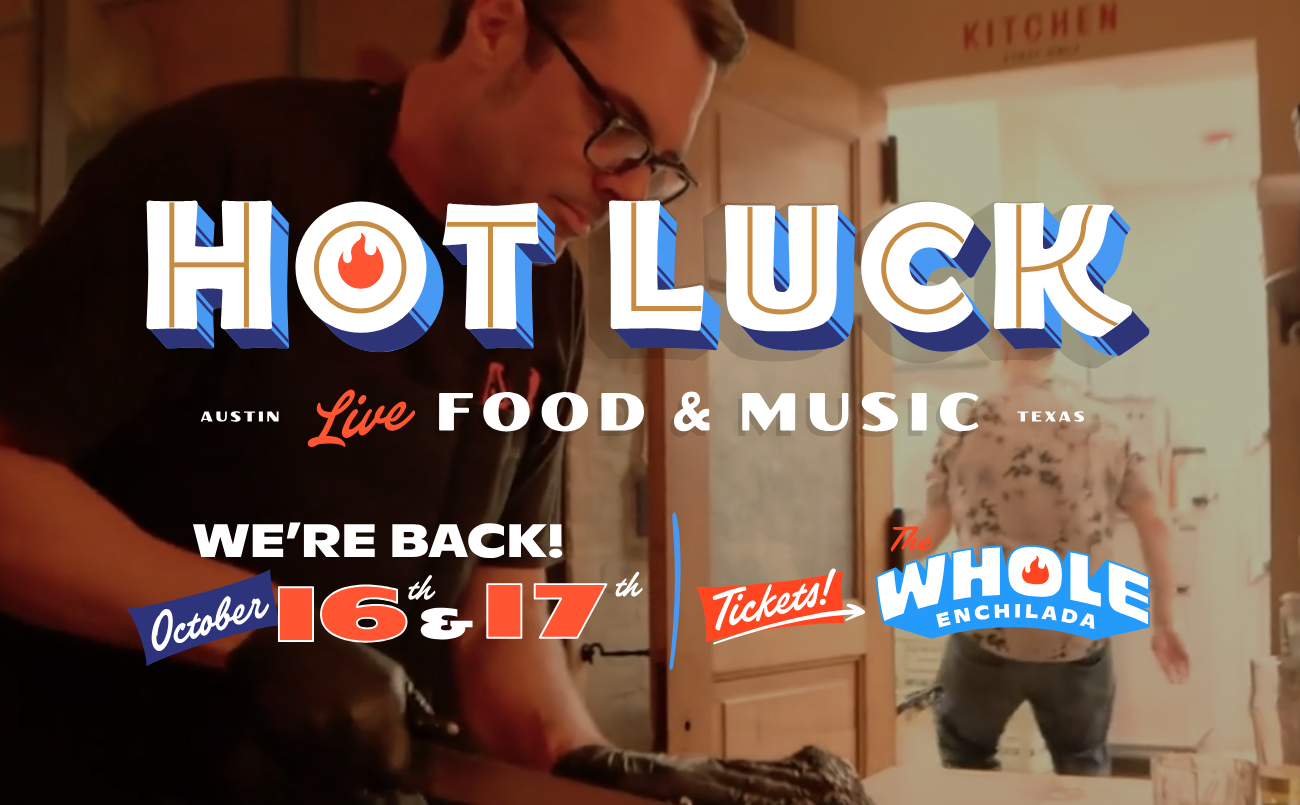 Hot Luck logo over image of Aaron slicing bbq. 
