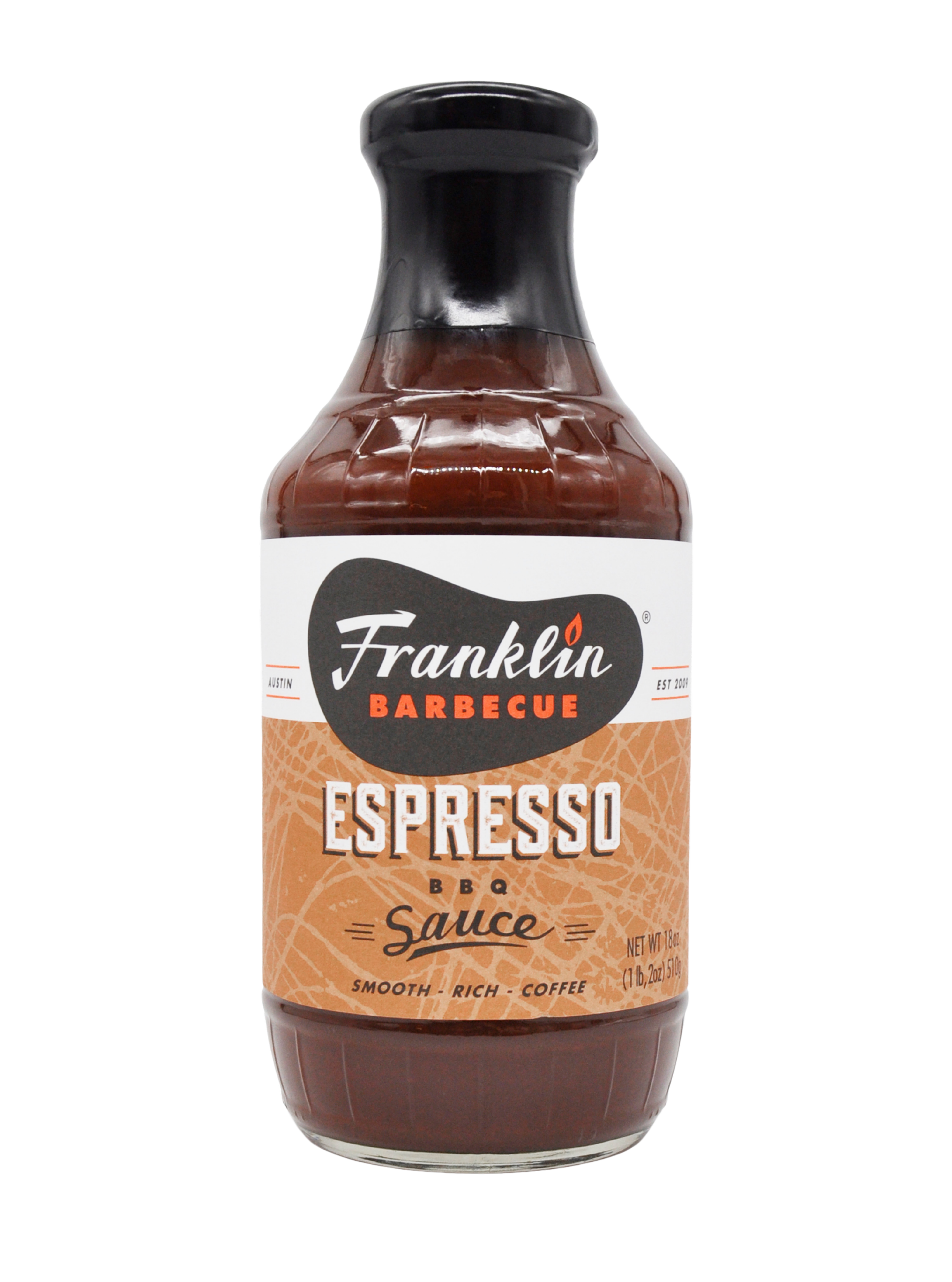 Glass bottle of Espresso BBQ Sauce with brown label.