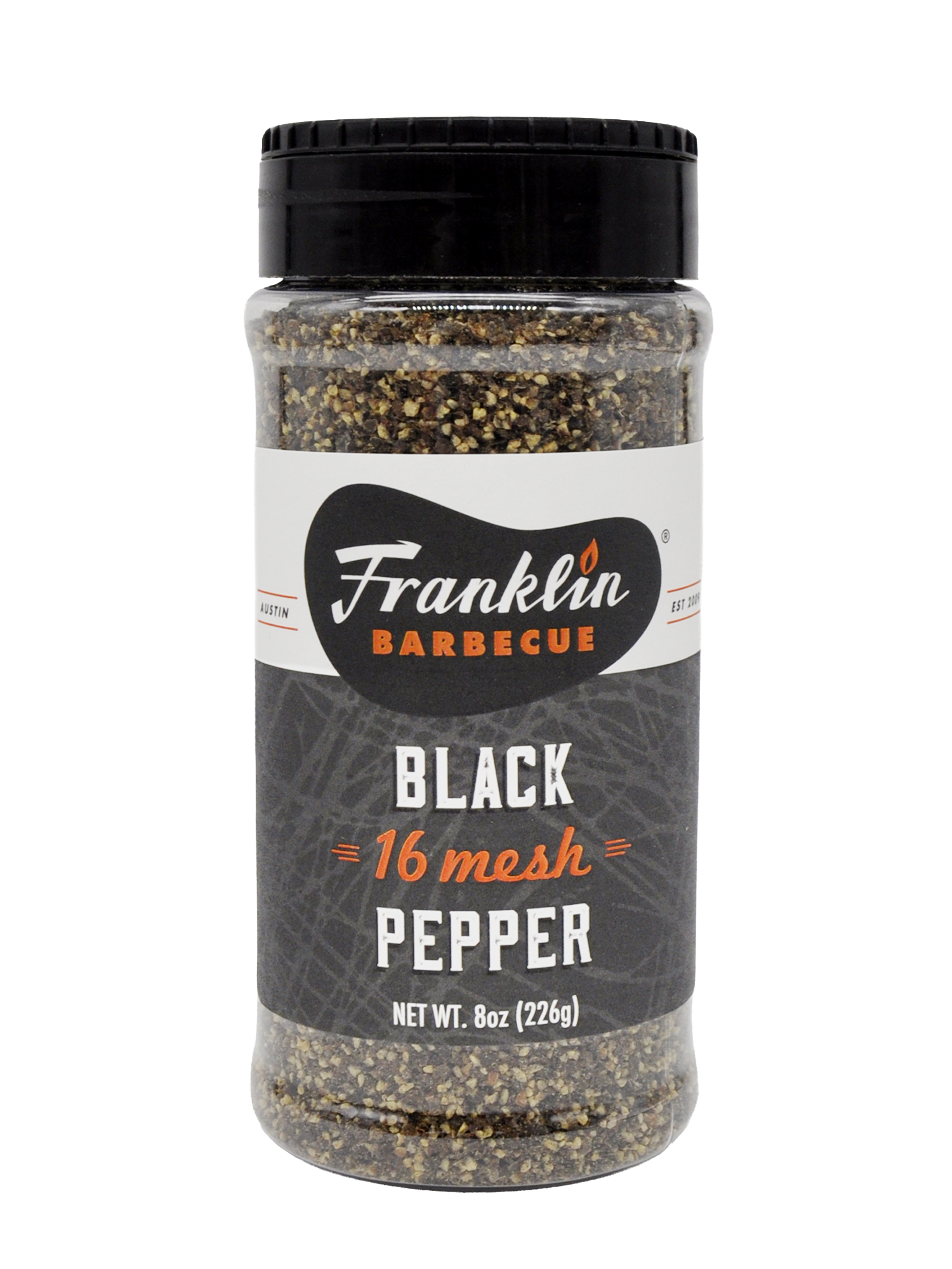 Bottle of Franklin Barbecue Black Pepper 16 Mesh with black lid.