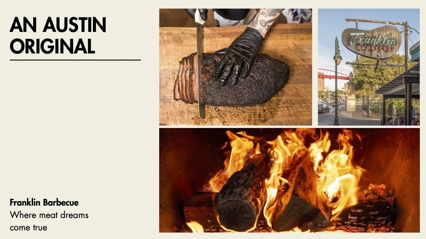 An Austin Original. Franklin Barbecue where meat dreams come true. Brisket being sliced, street sign of Franklin Barbecue, and logs on fire.