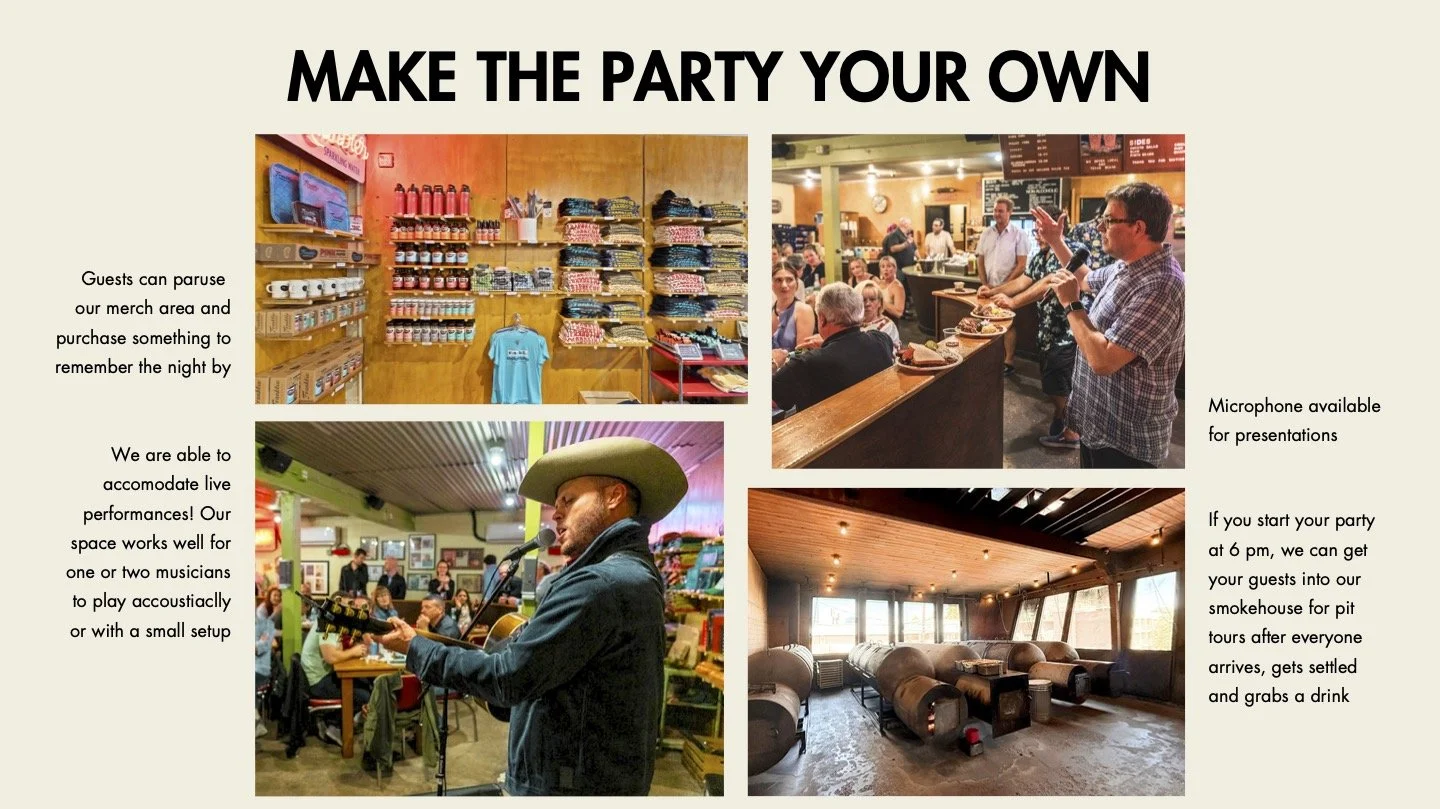 Make the Party Your Own at Franklin Barbecue. Collection of images showing speaker with microphone, merch shelf, singer with guitar, and smokehouse.