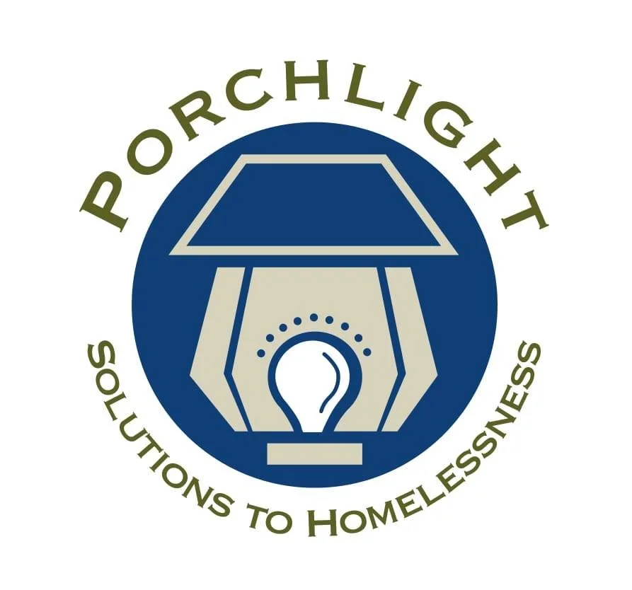 Logo for Porchlight with a stylized lantern and light bulb, with the text 'Porchlight Solutions to Homelessness' surrounding the image.