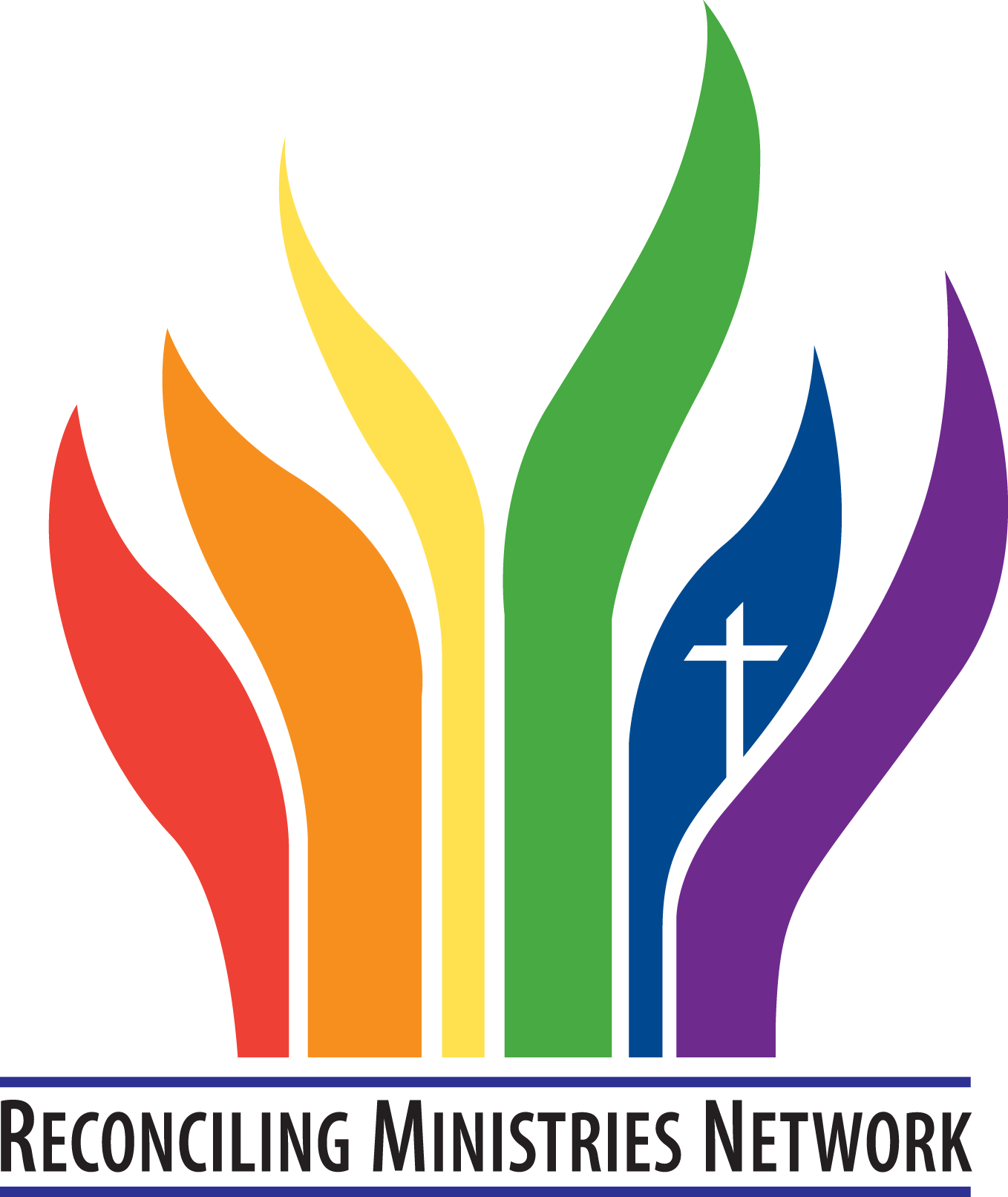 Colored flames with a white cross inside the blue flame, and text saying 'Reconciling Ministries Network' at the bottom.