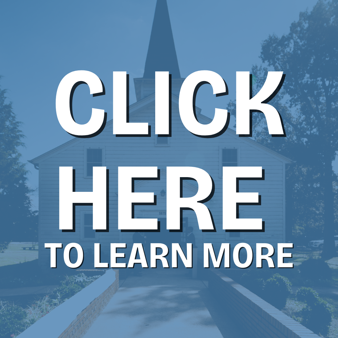 A white church with a steeple, front view, with overlaid text 'Click Here to Learn More' in large, bold letters.