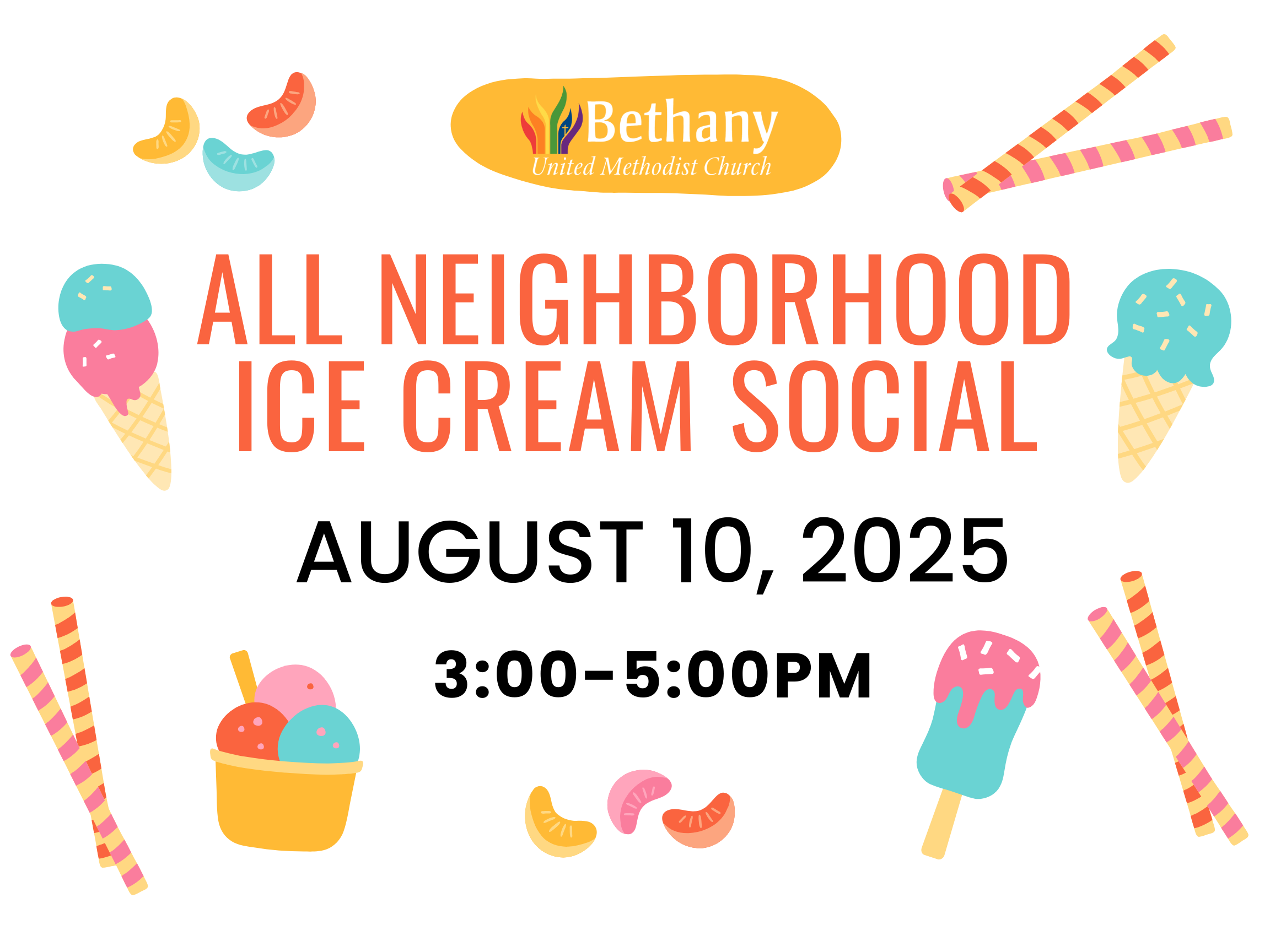 Mark your calendars for Sunday, August 9th, from 3pm to 5pm! Stop by the front lawn at Bethany (3910 Mineral Point Rd) for free ice cream, yard games, a mega inflatable slide, sidewalk chalk, and parachute fun! See you there!