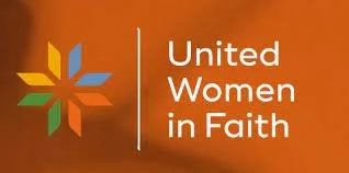 Logo of United Women in Faith with colorful geometric design on orange background