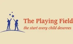 Logo for The Playing Field with two children holding hands and reaching for a star, and the text 'The Playing Field' with the tagline 'the start every child deserves'