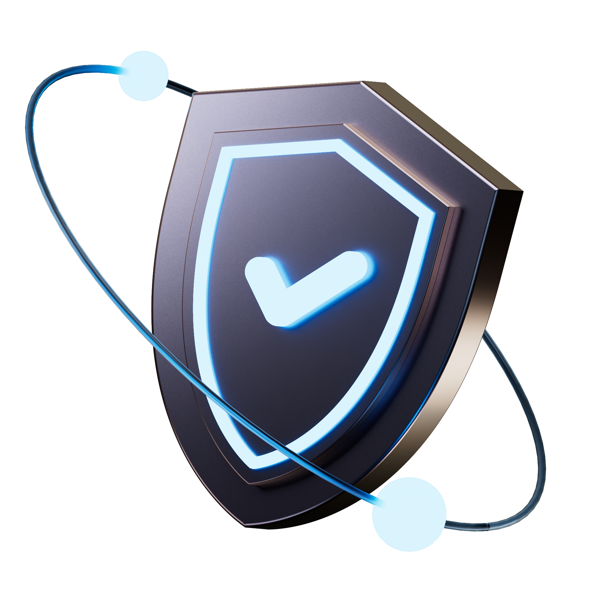A shield with a check mark symbol in the center, surrounded by a ring of two spheres connected by lines, representing cybersecurity or data protection.