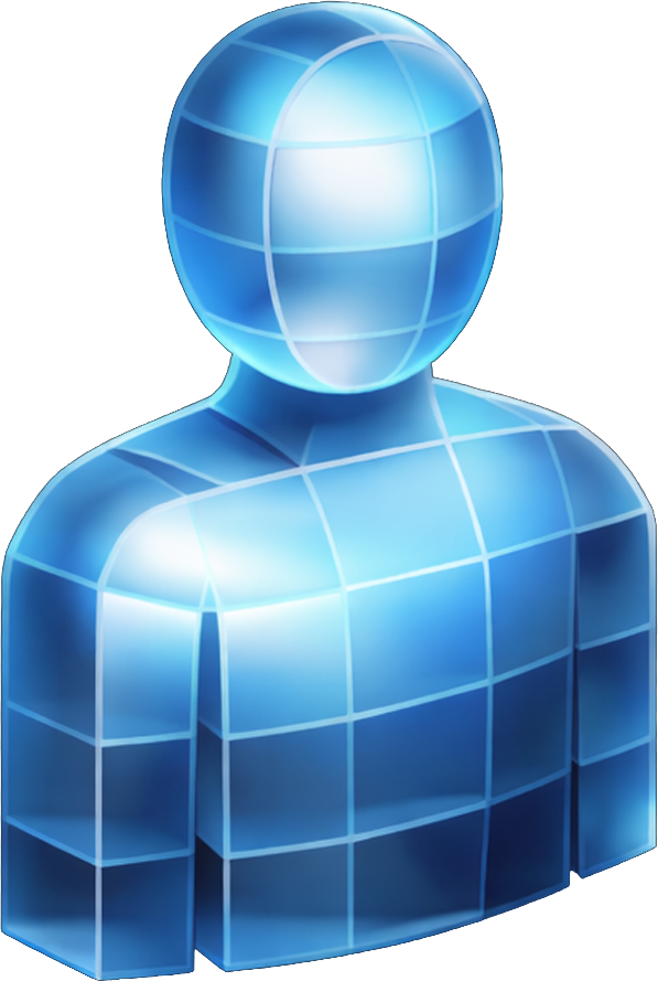 Digital illustration of a human figure in blue with a grid pattern, representing a virtual or holographic person.