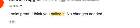 Email text with the phrase 'nailed it!' highlighted.