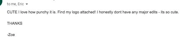 Screenshot of an email with a casual message about a logo and a thank you note from Zoe.