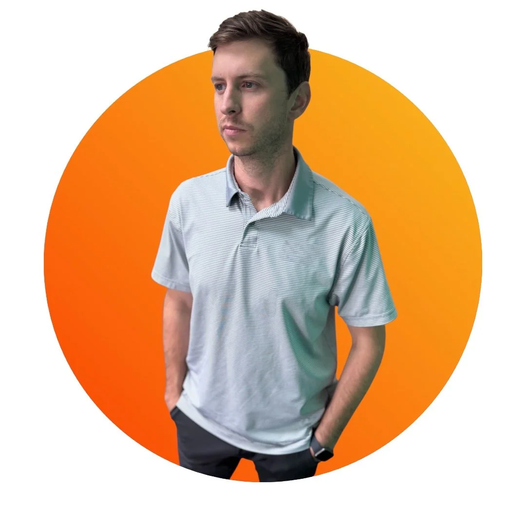 A young man standing with a thoughtful expression, wearing a light striped polo shirt, against an orange circular background.
